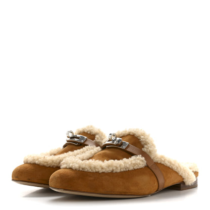 Hermes Suede Goatskin Woolskin Womens Oz Mules 37 Naturel 4 of 10