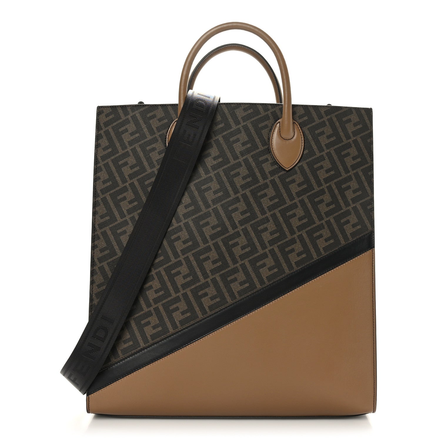 Fendi Glazed Fabric Vitello Cover FF 1974 Diagonal Bi-Color Vertical Tote Tobacco Moro Sand Black 1 of 9