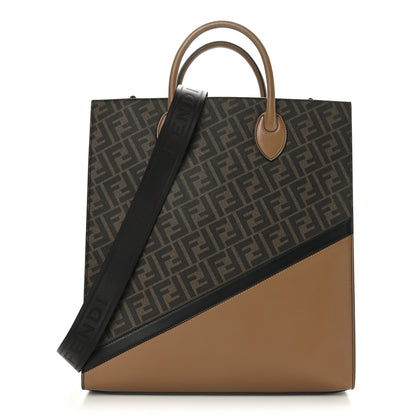 Fendi Glazed Fabric Vitello Cover FF 1974 Diagonal Bi-Color Vertical Tote Tobacco Moro Sand Black 1 of 9