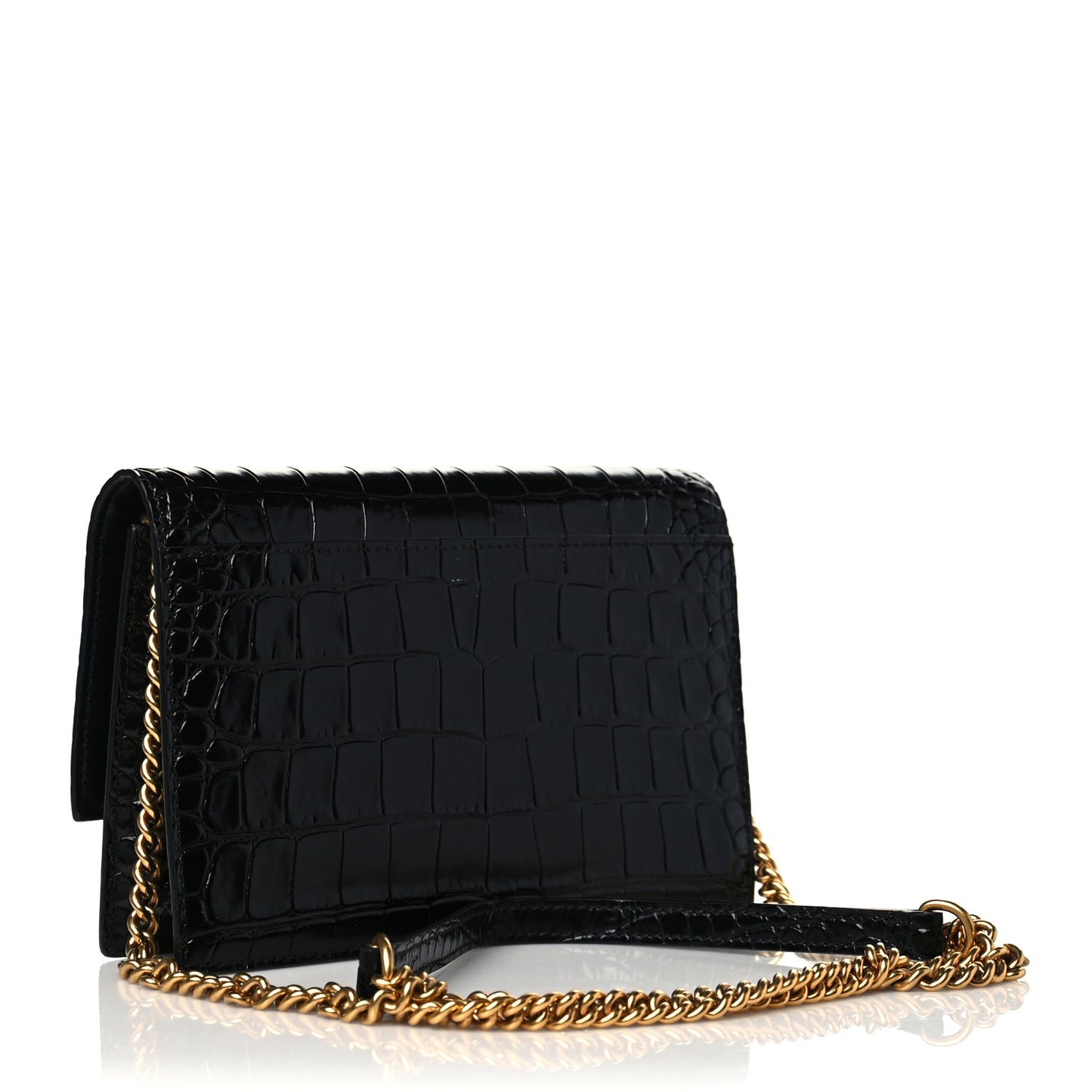 Shiny Calfskin Crocodile Embossed Sharp Crossbody Clutch Black