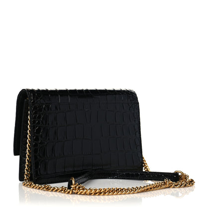Balenciaga Shiny Calfskin Crocodile Embossed Sharp Crossbody Clutch Black 2 of 11