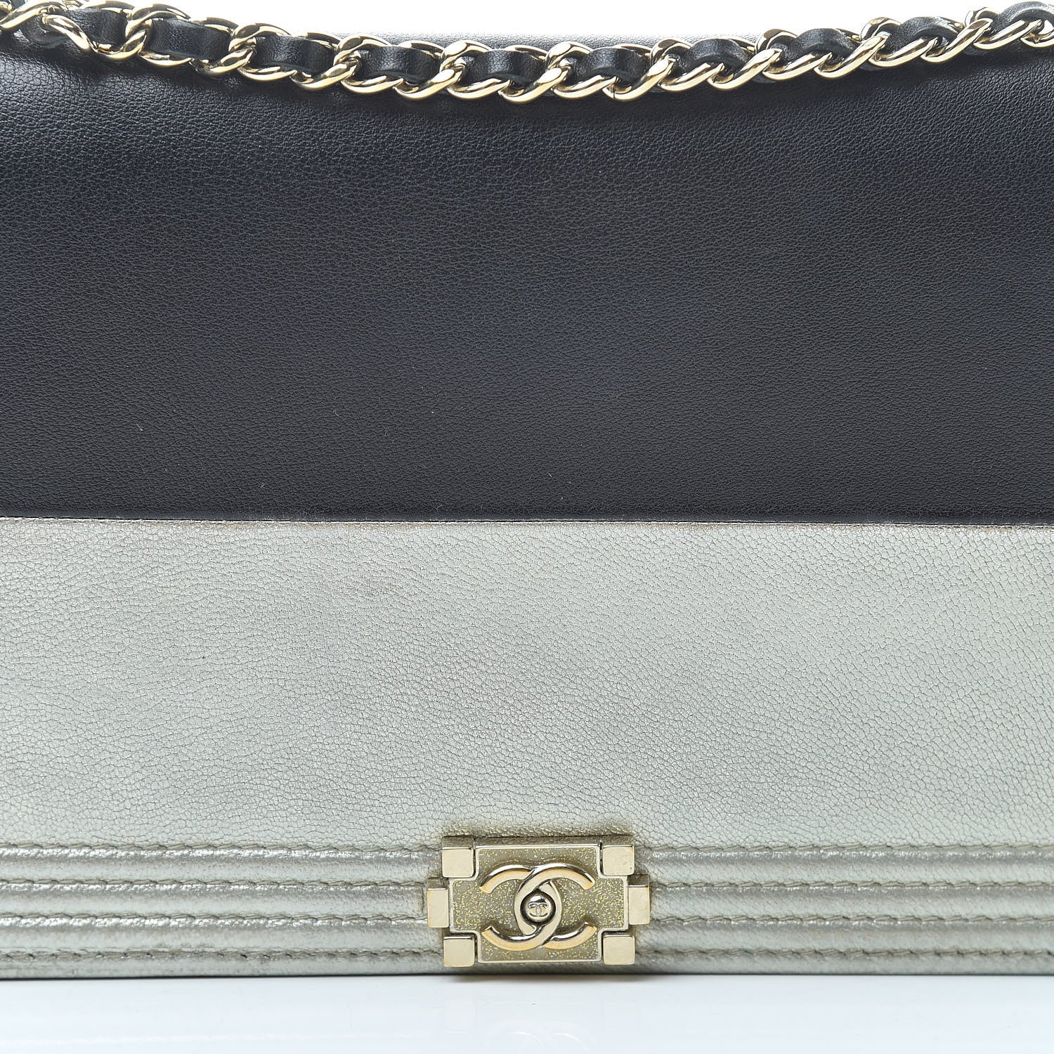 Chanel Metallic Goatskin Lambskin Boy Wallet on Chain WOC Black Gold 9 of 14