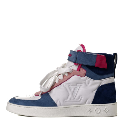 Louis Vuitton Sheepskin Embossed Suede Calfskin Womens Boombox High-Top Sneakers 38 White Denim Blue 1 of 4
