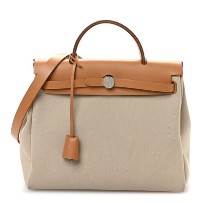 Hermes Military Toile Vache Hunter Herbag Zip Retourne 31 PM Beton Naturel 1 of 12