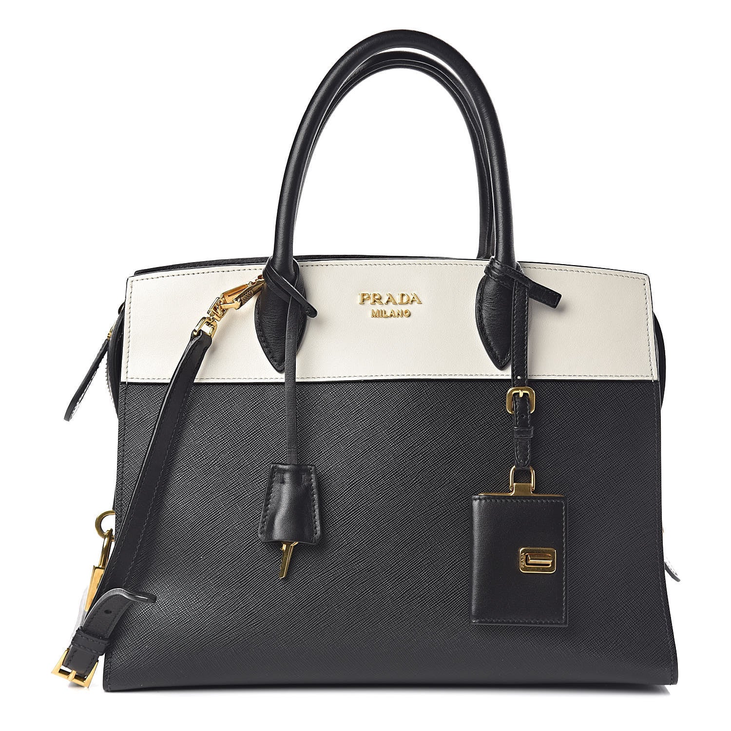 Prada Saffiano City Calf Medium Esplanade Tote Black White 1 of 9