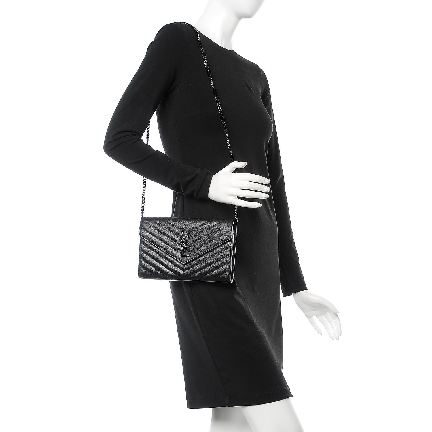 Saint Laurent Grain De Poudre Matelasse Chevron Monogram Chain Wallet Black 2 of 7
