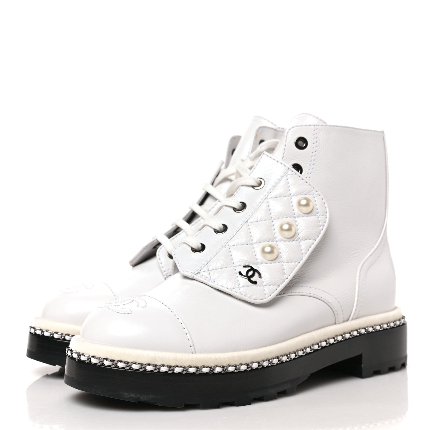 Chanel Crackled Calfskin Velvet Pearl Combat Short Boots 36.5 White 3 of 7