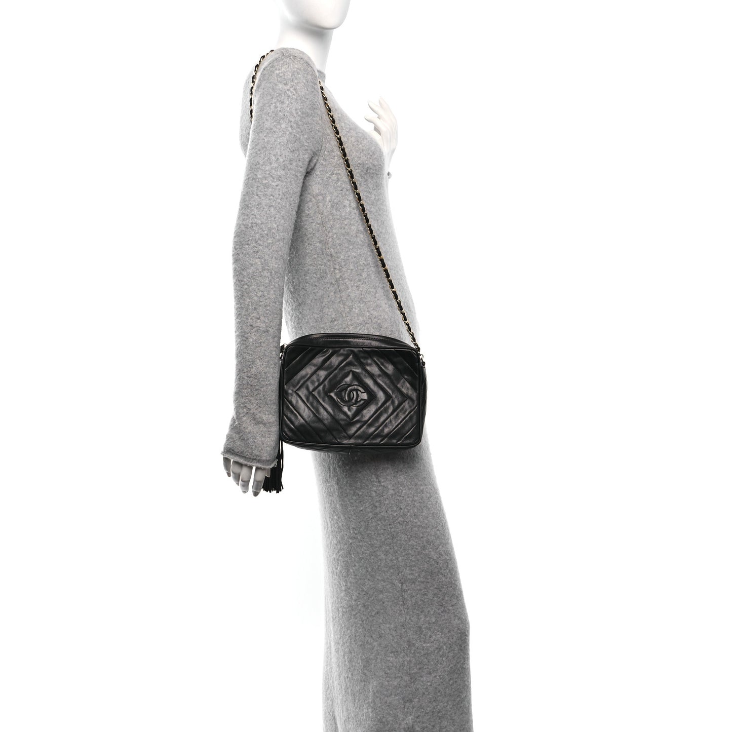 Lambskin Chevron Quilted Tassel Camera Case Black
