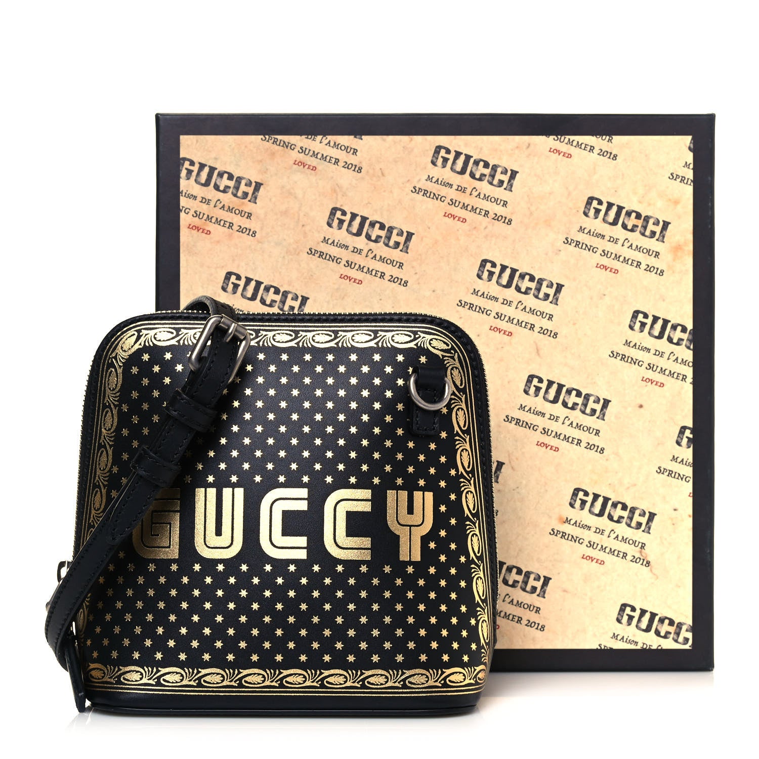 Gucci X SEGA Calfskin GUCCY Stars Mini Dome Shoulder Bag Black Gold 11 of 11