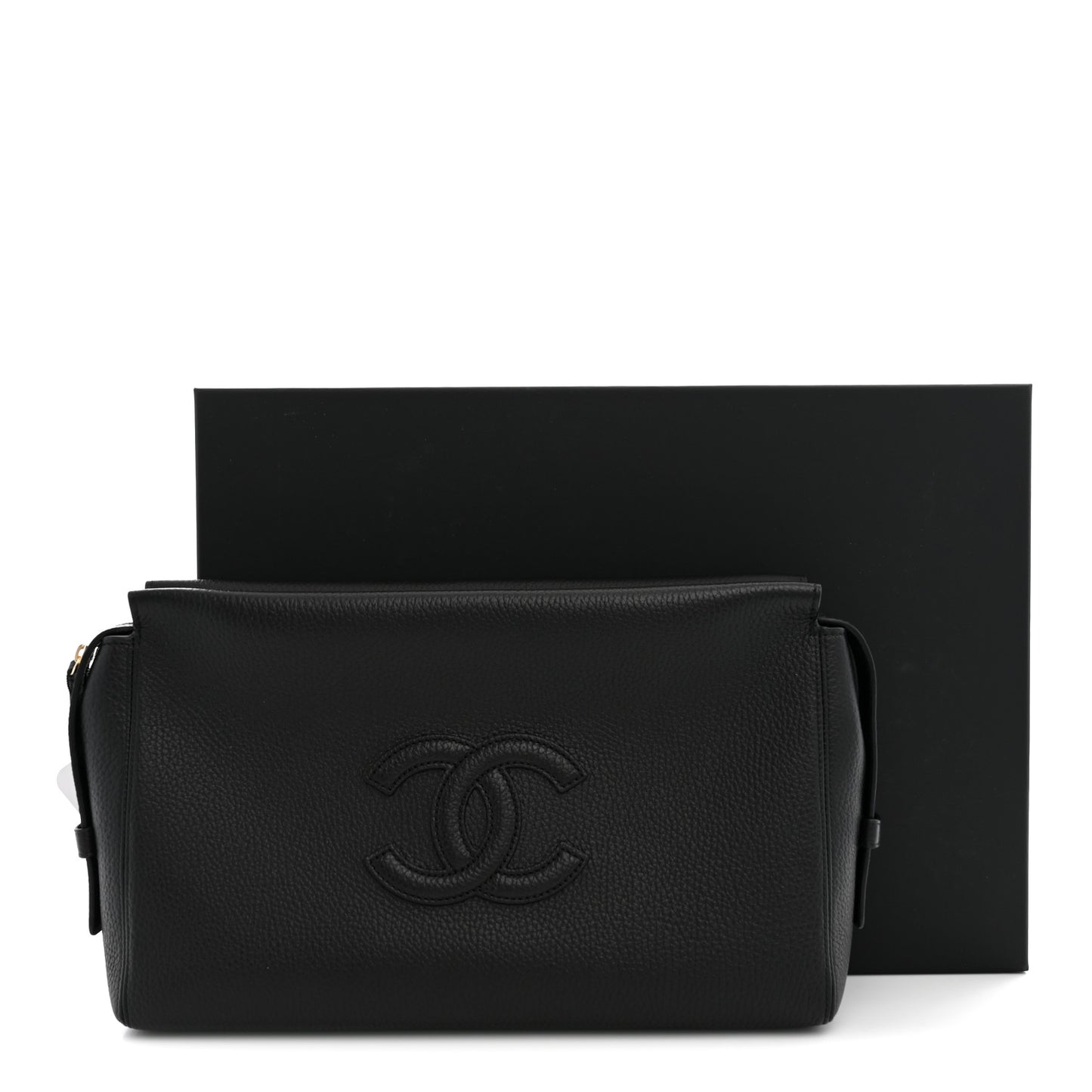 Grained Calfskin Large Zippered Pouch Black