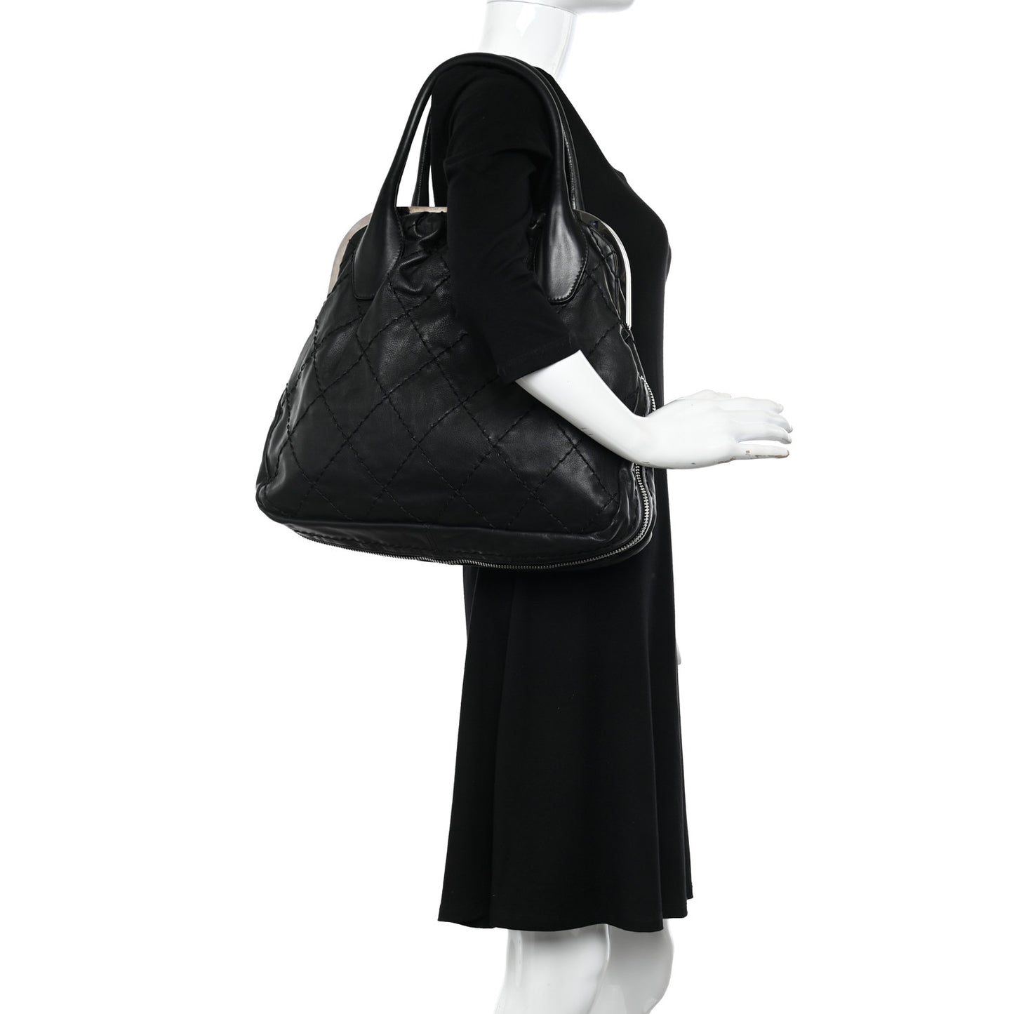 Calfskin Stitched Expandable Frame Bag Black