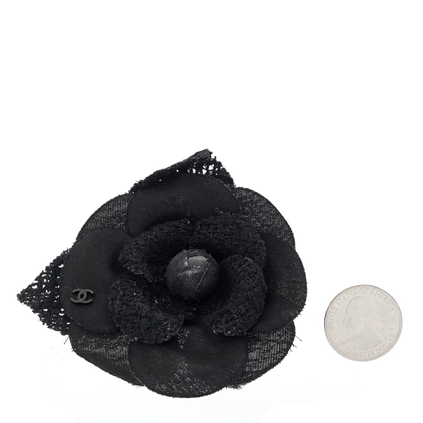 Tweed Fabric Camellia Pin Brooch Black