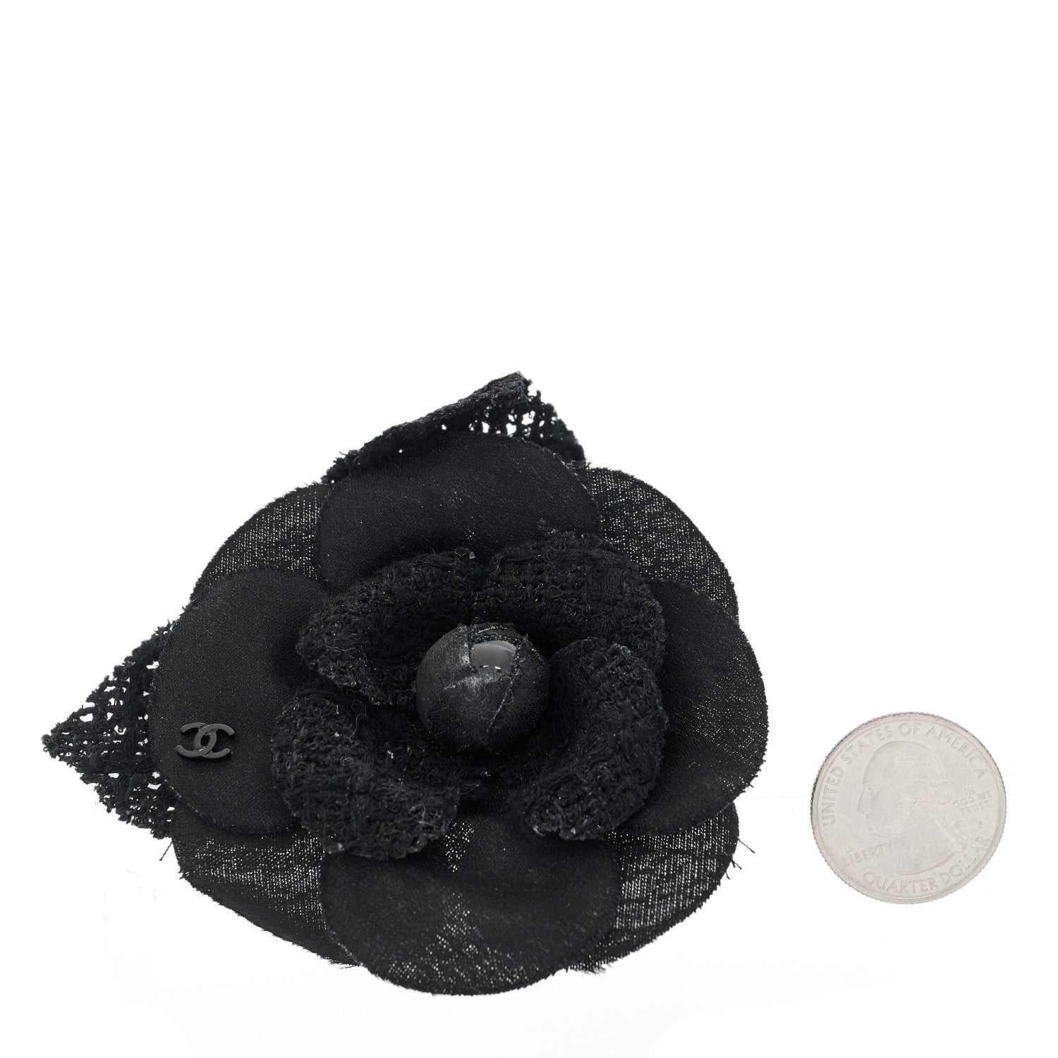 Chanel Tweed Fabric Camellia Pin Brooch Black 2 of 3