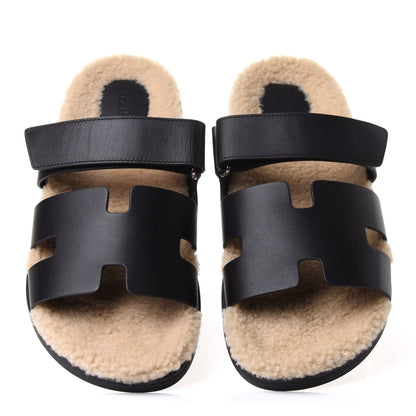 Hermes Calfskin Woolskin Mens Chypre Sandals 42.5 Black Ecru 6 of 10