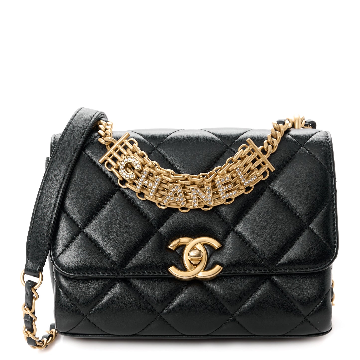Lambskin Quilted Mini CC Crystal Logo Chain Flap Black