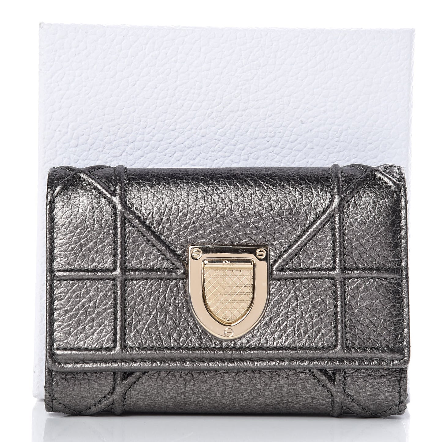 Metallic Grained Calfskin Cannage Diorama Elancee Wallet Gunmetal Grey