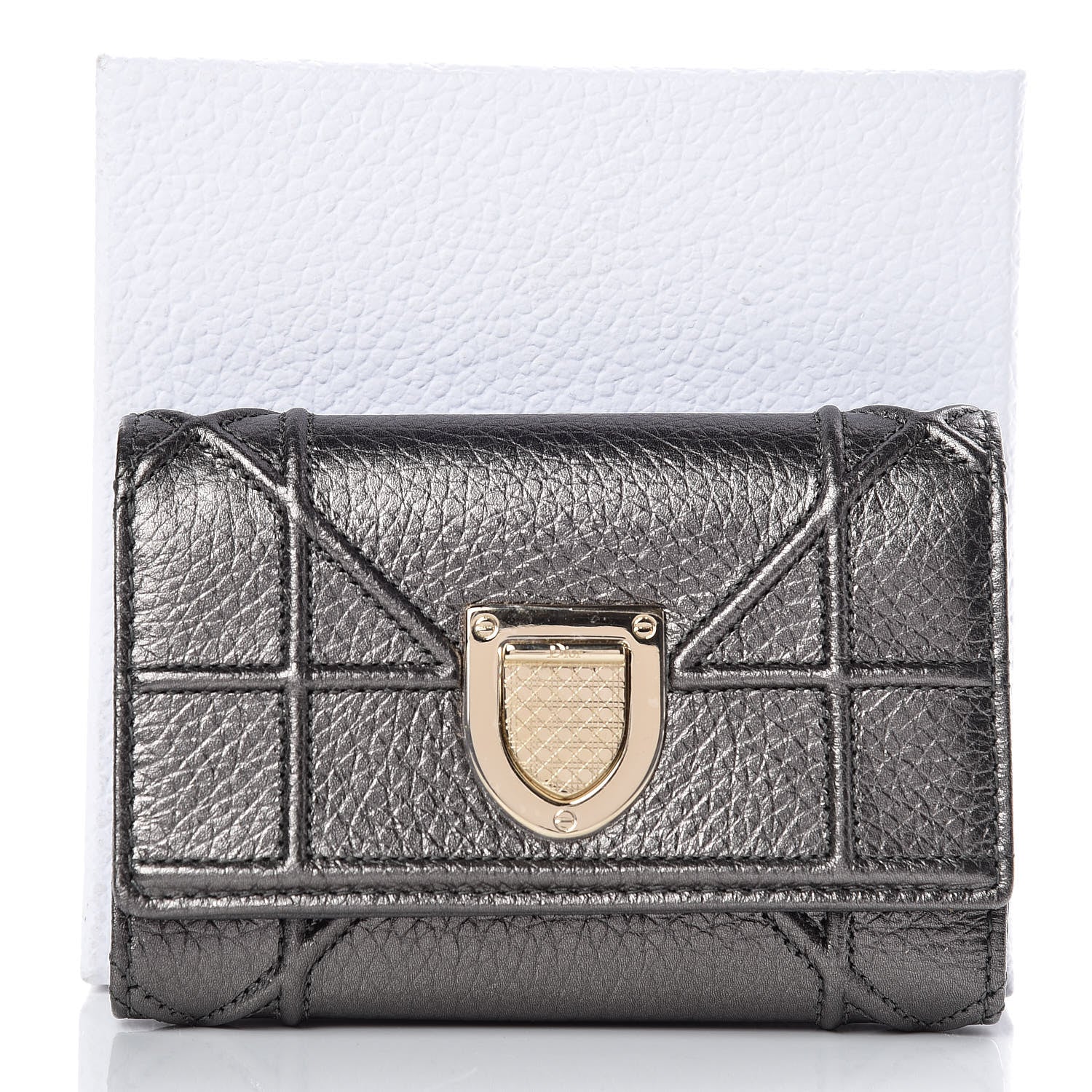 Christian Dior Metallic Grained Calfskin Cannage Diorama Elancee Wallet Gunmetal Grey 9 of 9