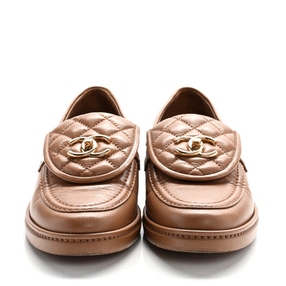 Chanel Crumpled Lambskin Quilted CC Turnlock Moccasins 37.5 Dark Beige 3 of 11