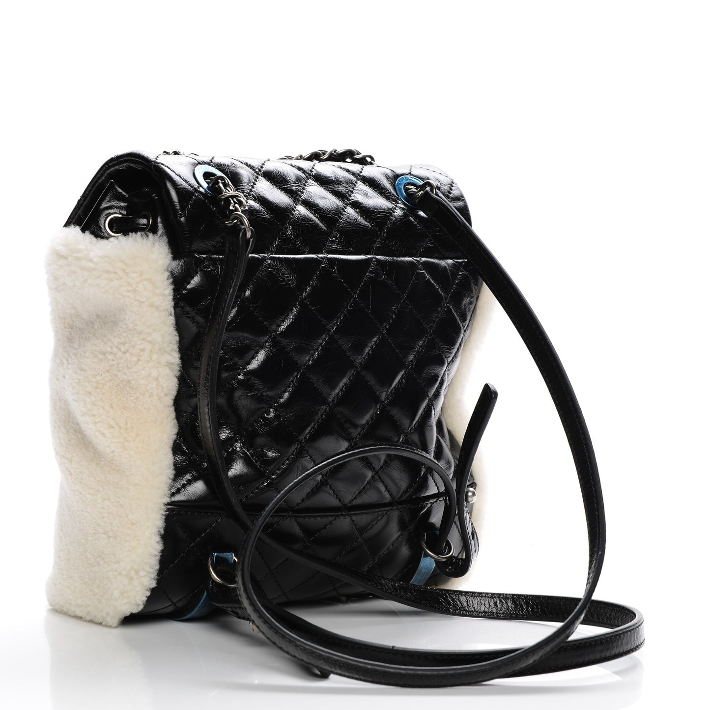 Glazed Calfskin Shearling Quilted Small Mountain Backpack Black Ivory