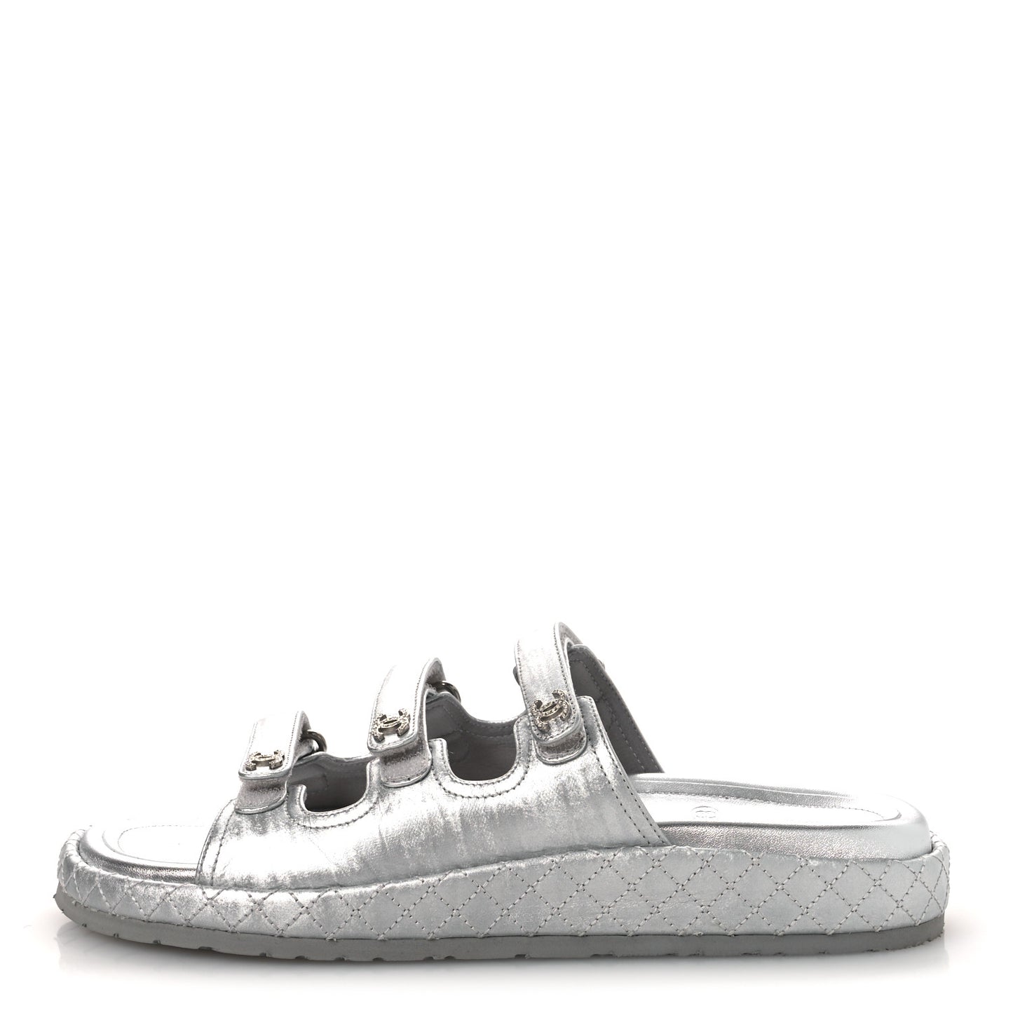 Laminated Lambskin Quilted Velcro Crystal CC Dad Slide Sandals Silver 37.5 Silver