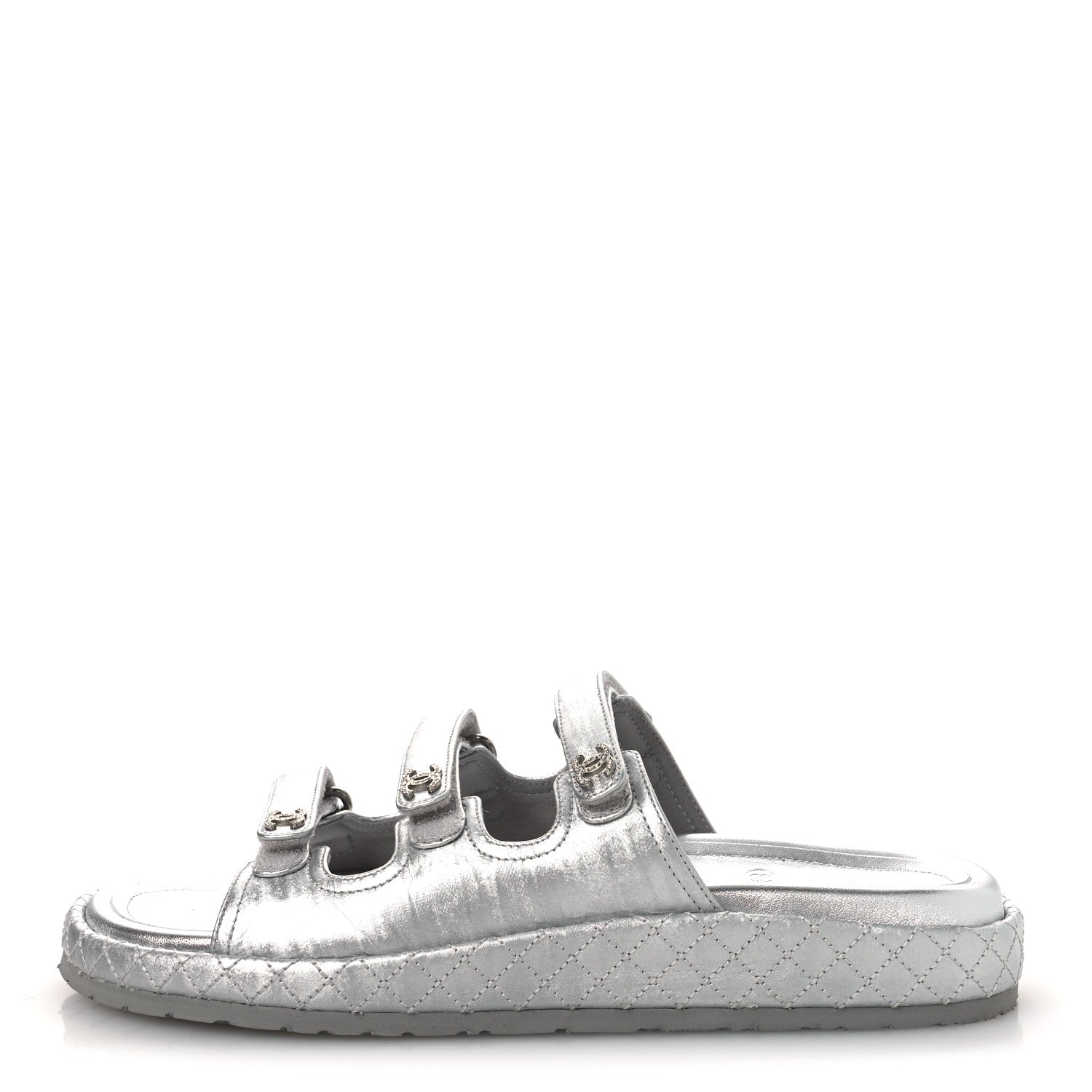 Chanel Laminated Lambskin Quilted Velcro Crystal CC Dad Slide Sandals Silver 37.5 Silver 1 of 11