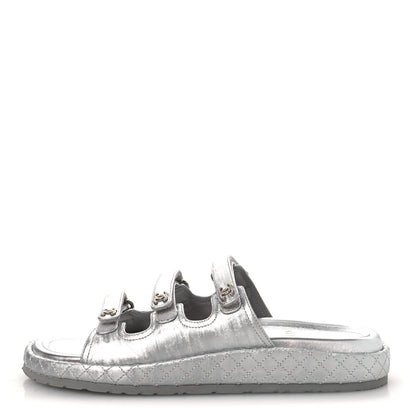 Chanel Laminated Lambskin Quilted Velcro Crystal CC Dad Slide Sandals Silver 37.5 Silver 1 of 11