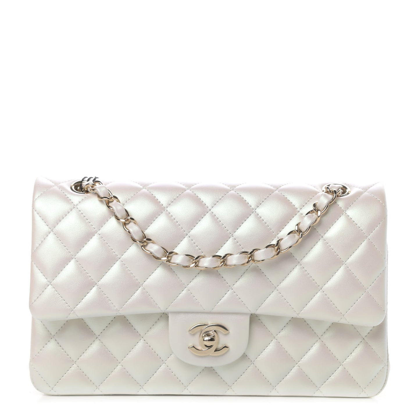 Iridescent Lambskin Quilted Medium Double Flap Ivory