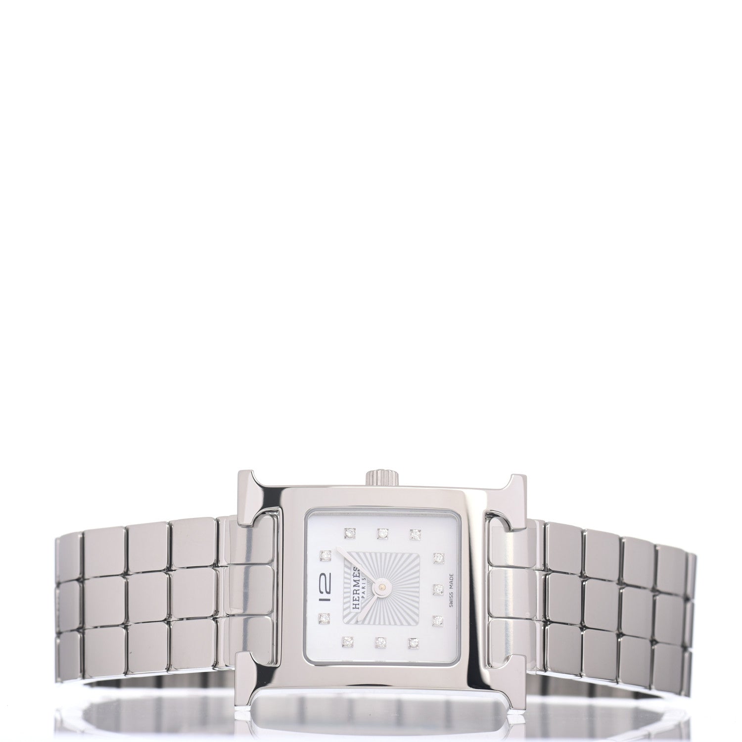 Hermes Stainless Steel Diamond Mother of Pearl 21mm Heure H Hour Quartz Watch 2 of 5