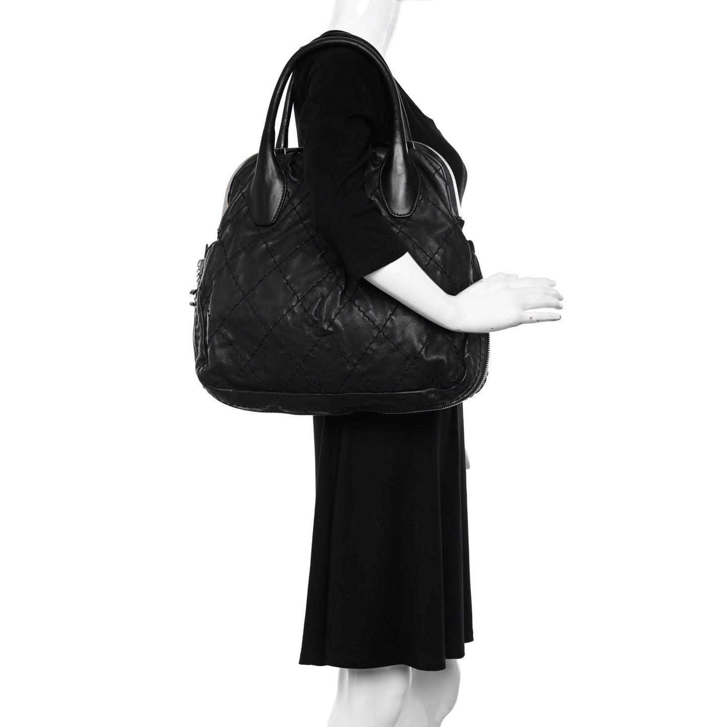 Calfskin Stitched Expandable Frame Bag Black