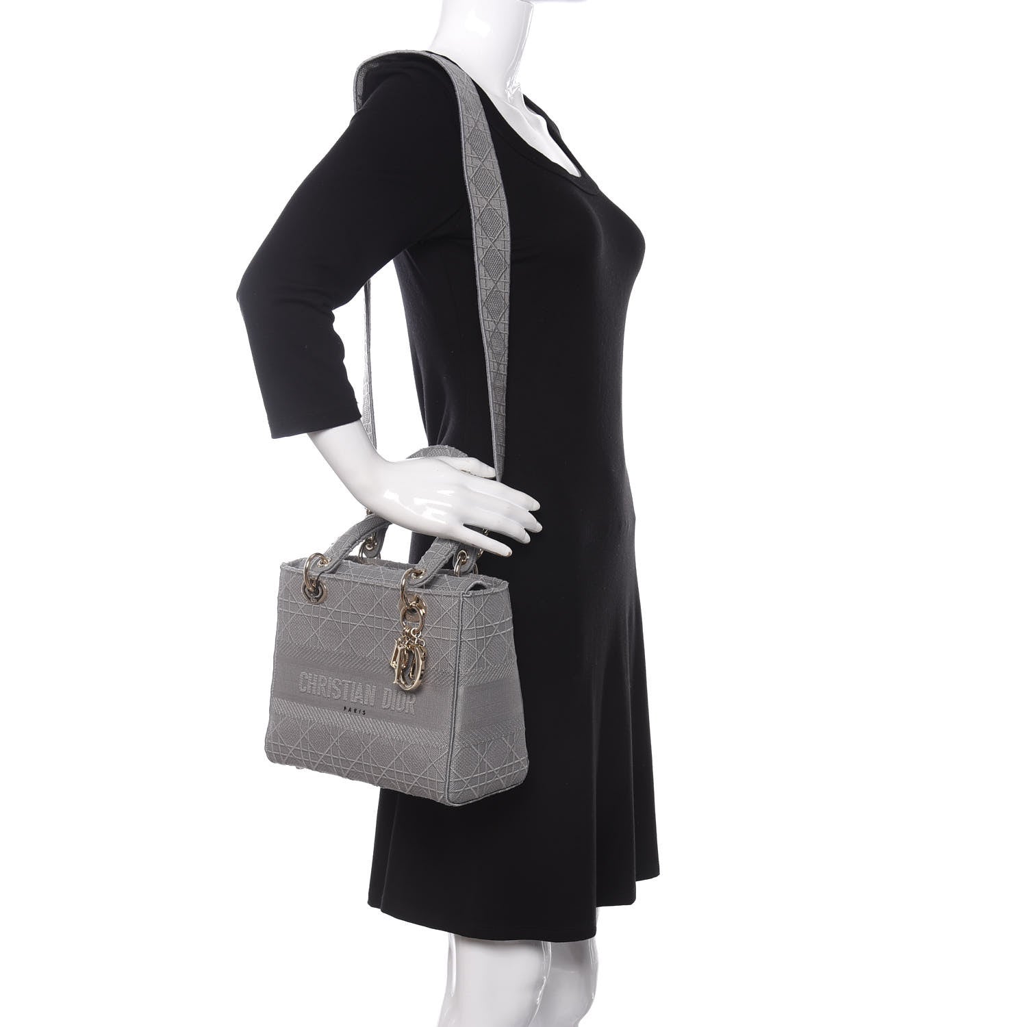 Christian Dior Canvas Embroidered Cannage Medium Lady D-Lite Gray 2 of 9