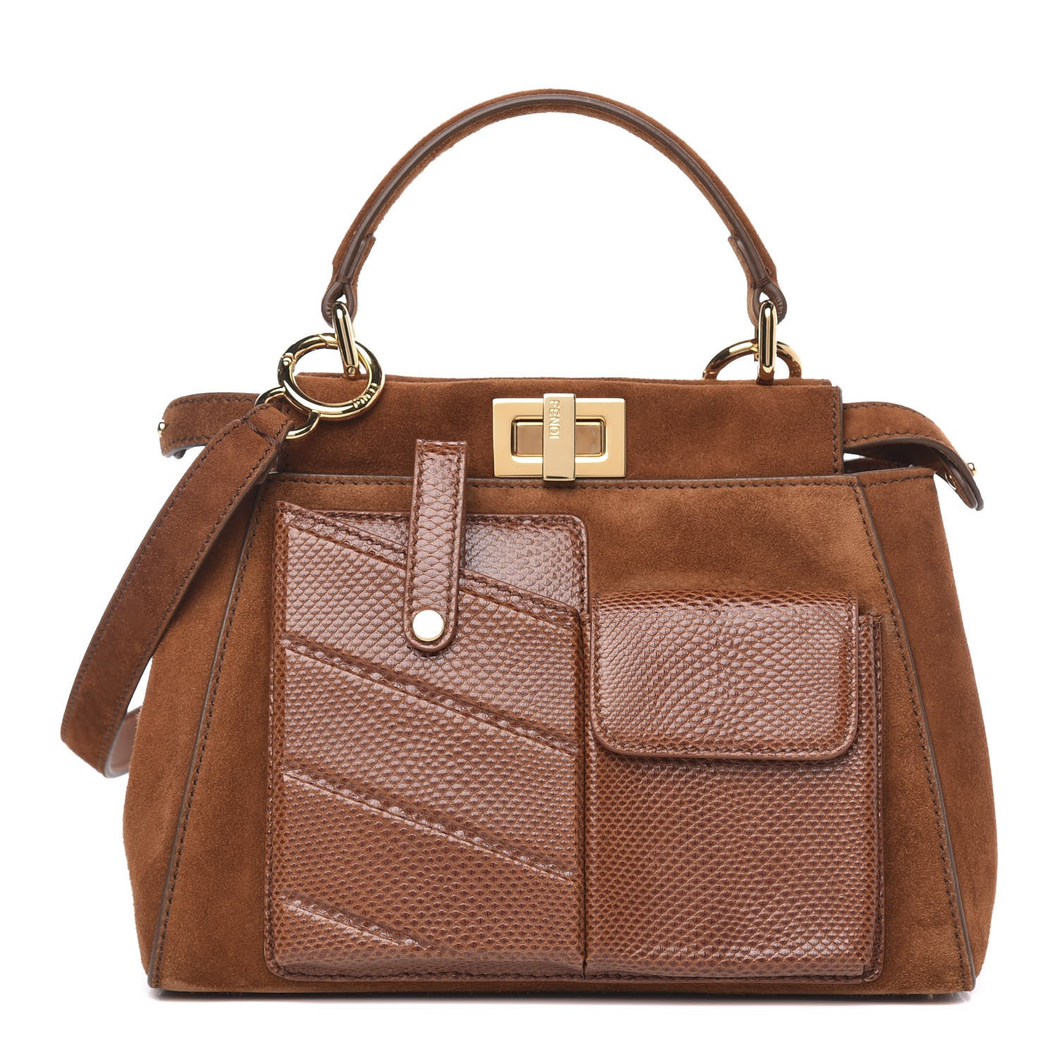 Fendi Chamois Karung Shiny Nappa Mini Pocket Peekaboo Iconic Satchel Cuoio Caramello 1 of 9