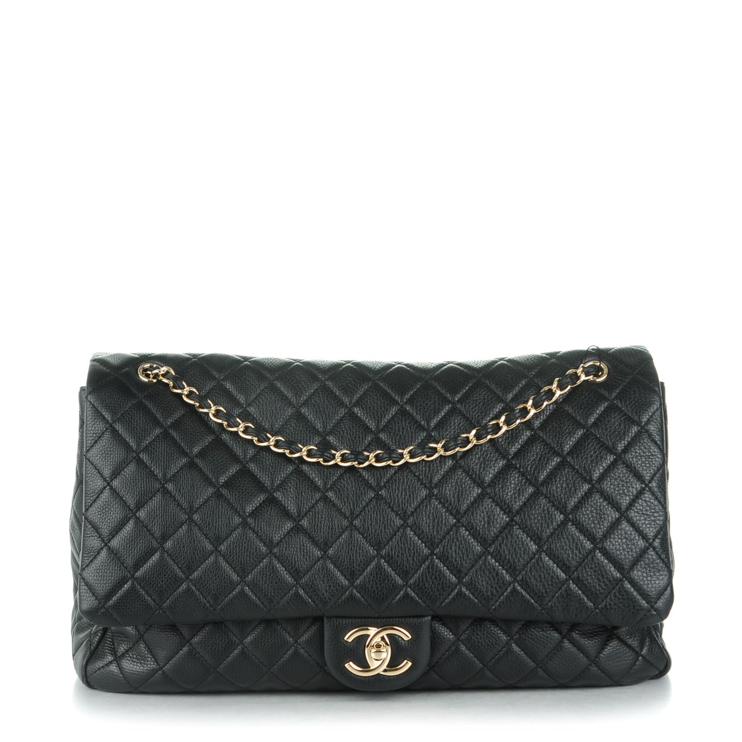 Calfskin Quilted XXL Travel Flap Bag Black