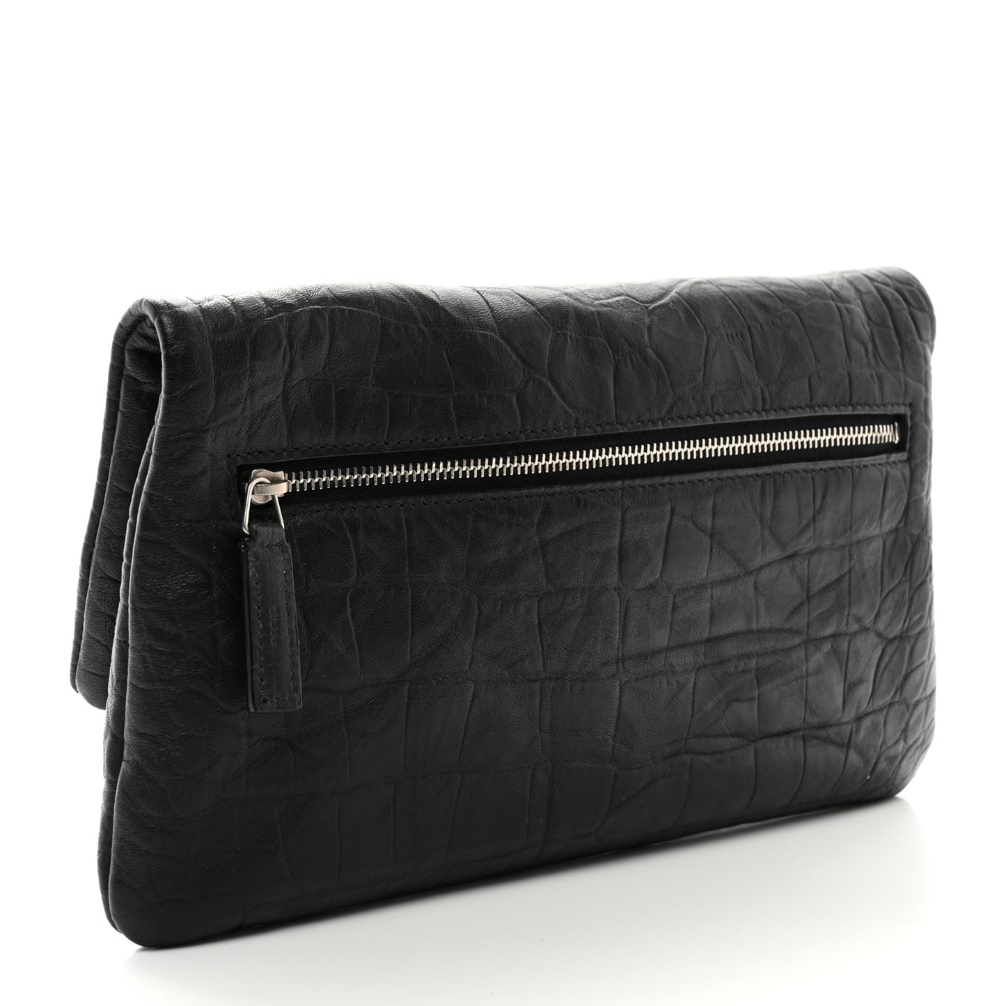 Calfskin Crocodile Embossed West Hollywood Monogram Fold Over Clutch Black