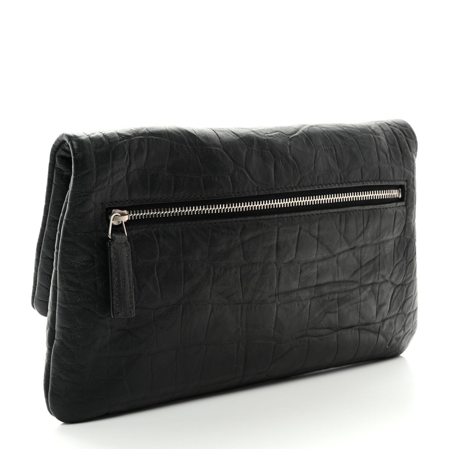 Saint Laurent Calfskin Crocodile Embossed West Hollywood Monogram Fold Over Clutch Black 3 of 8