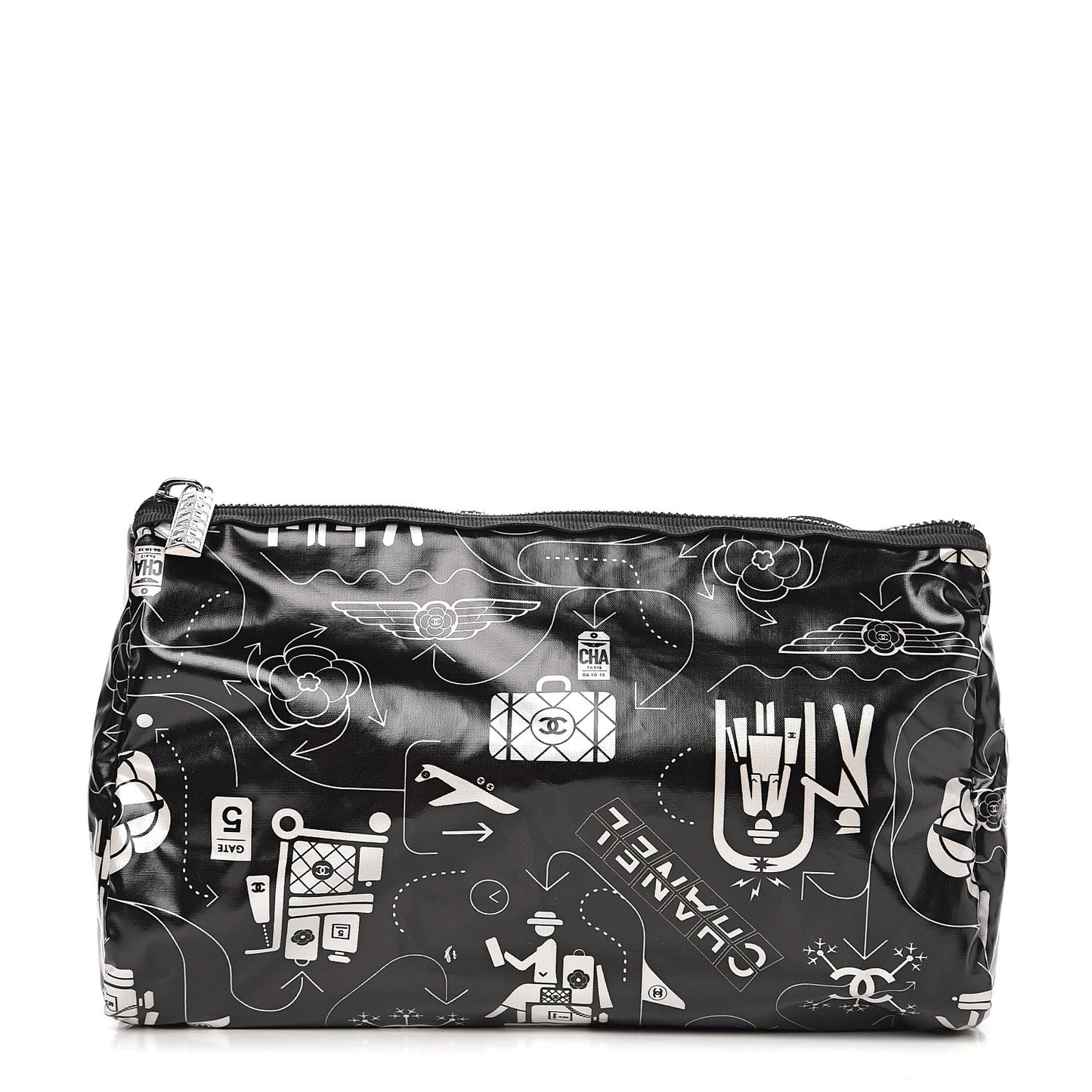 Coated Canvas Airline Cosmetic Pouch Black White
