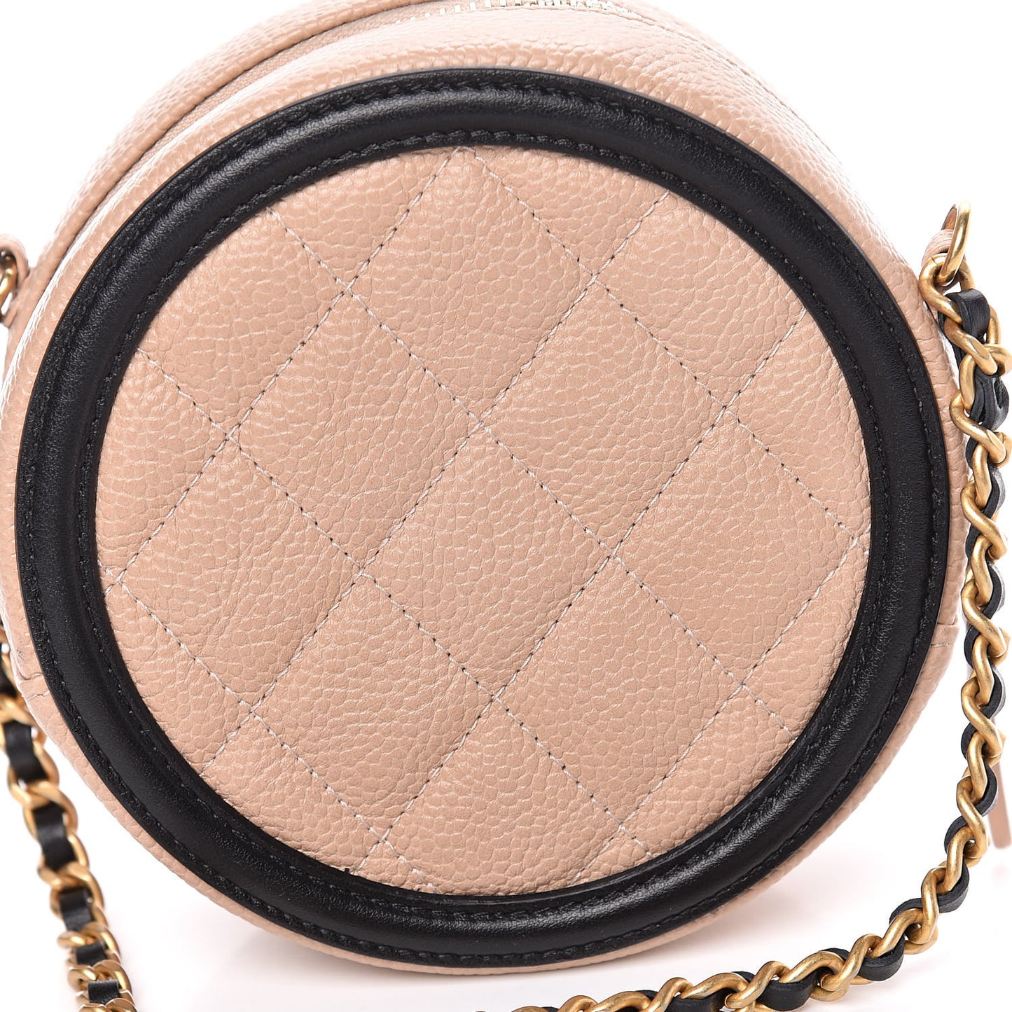 Caviar Quilted Round Filigree Crossbody Beige Black