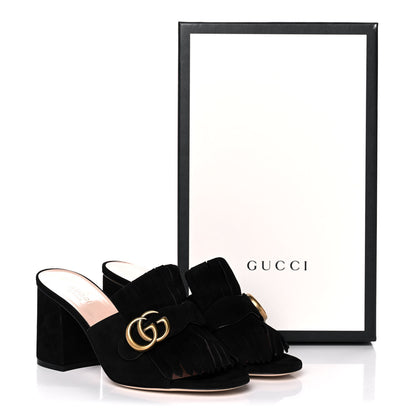 Gucci Kid Scamosciato GG Marmont Fringe 75mm Slide Sandals 38 Black 10 of 10