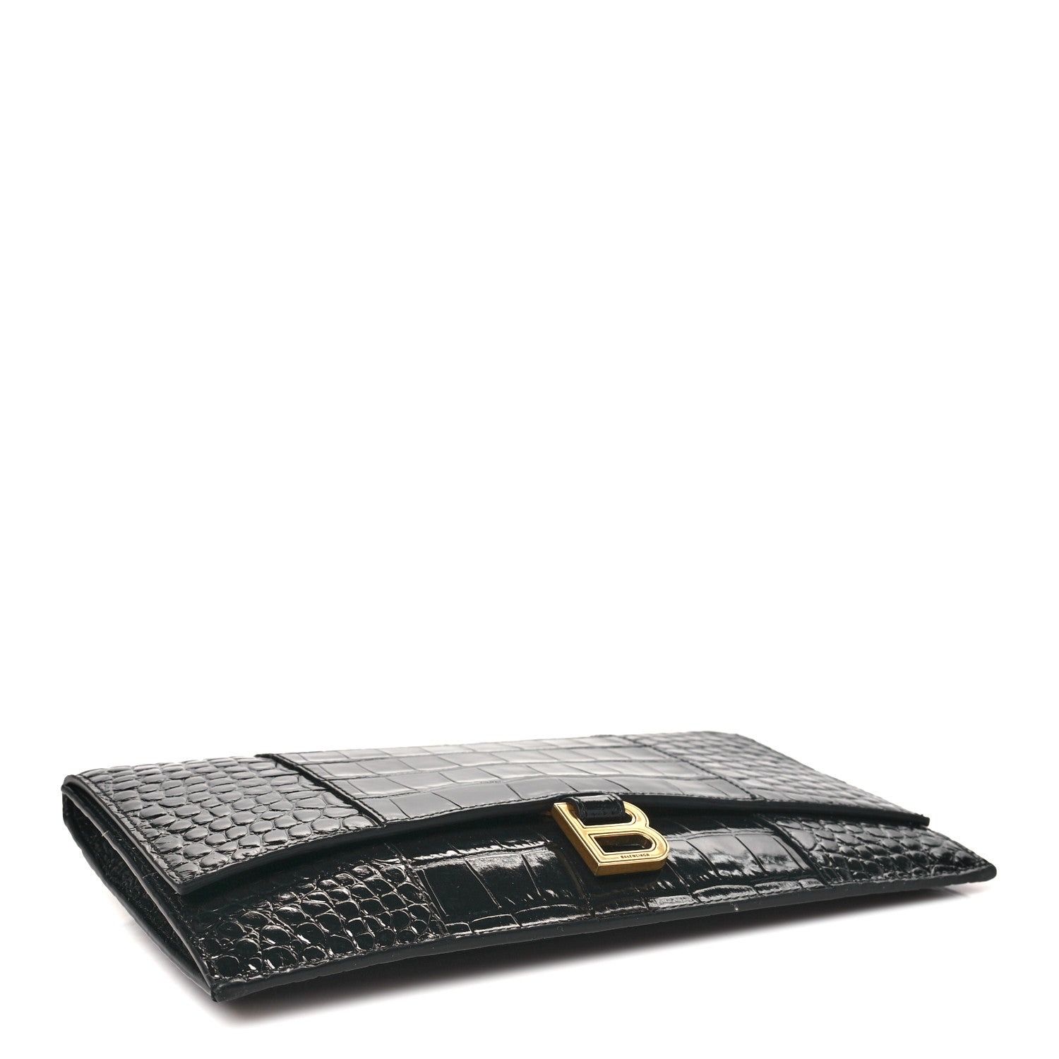 Balenciaga Shiny Calfskin Crocodile Embossed Hourglass Flap Flat Pouch Black 4 of 7