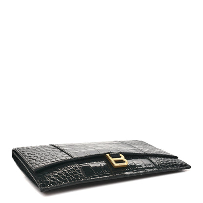 Balenciaga Shiny Calfskin Crocodile Embossed Hourglass Flap Flat Pouch Black 4 of 7
