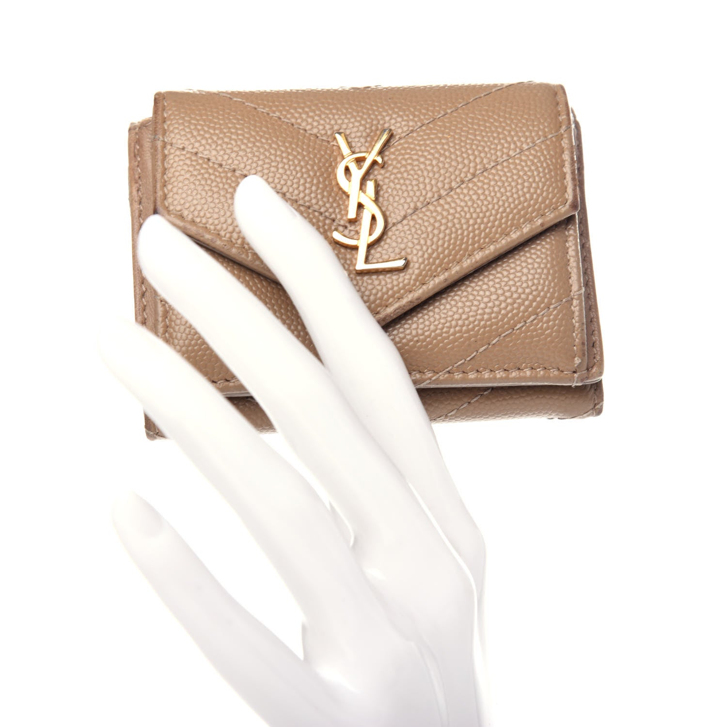 Saint Laurent Grain De Poudre Matelasse Chevron Monogram Tiny Wallet Dark Beige 2 of 9