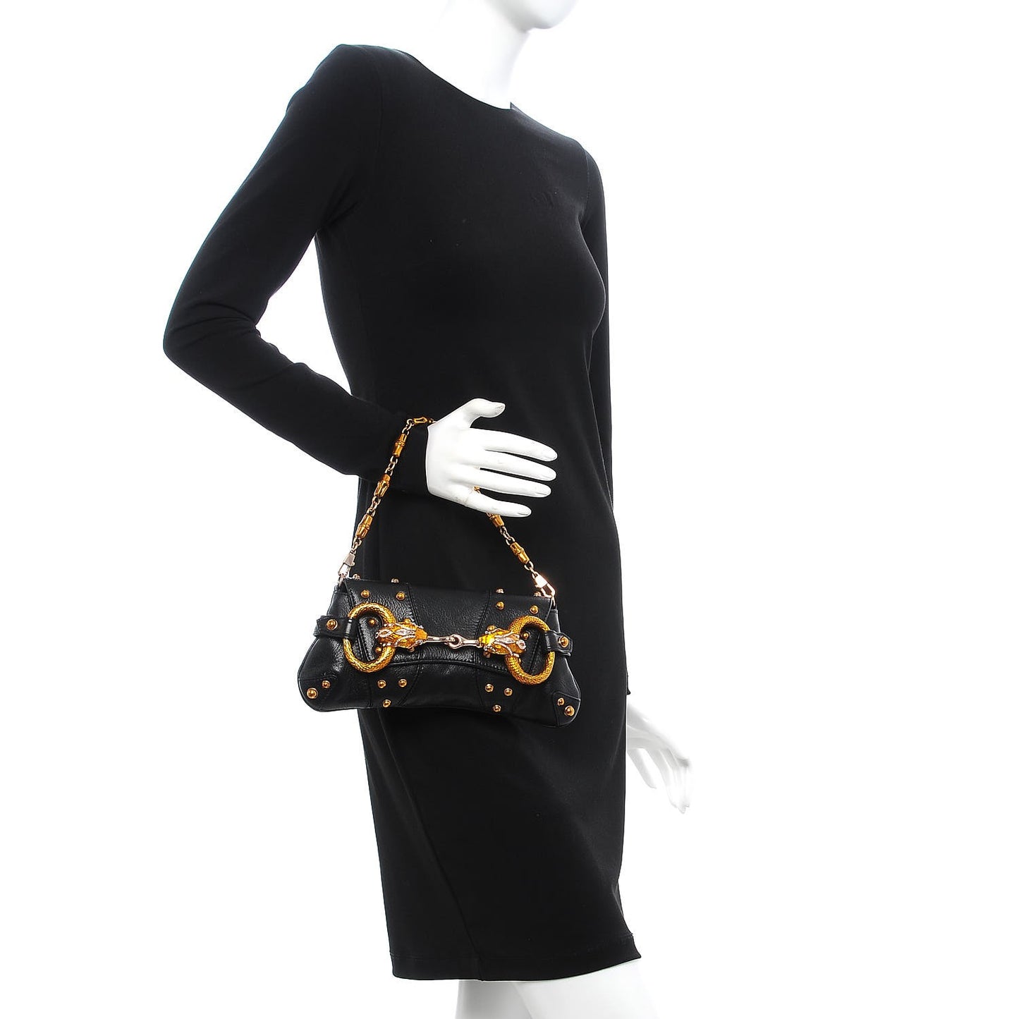 Goatskin Studded Crystal Horsebit Clutch Black