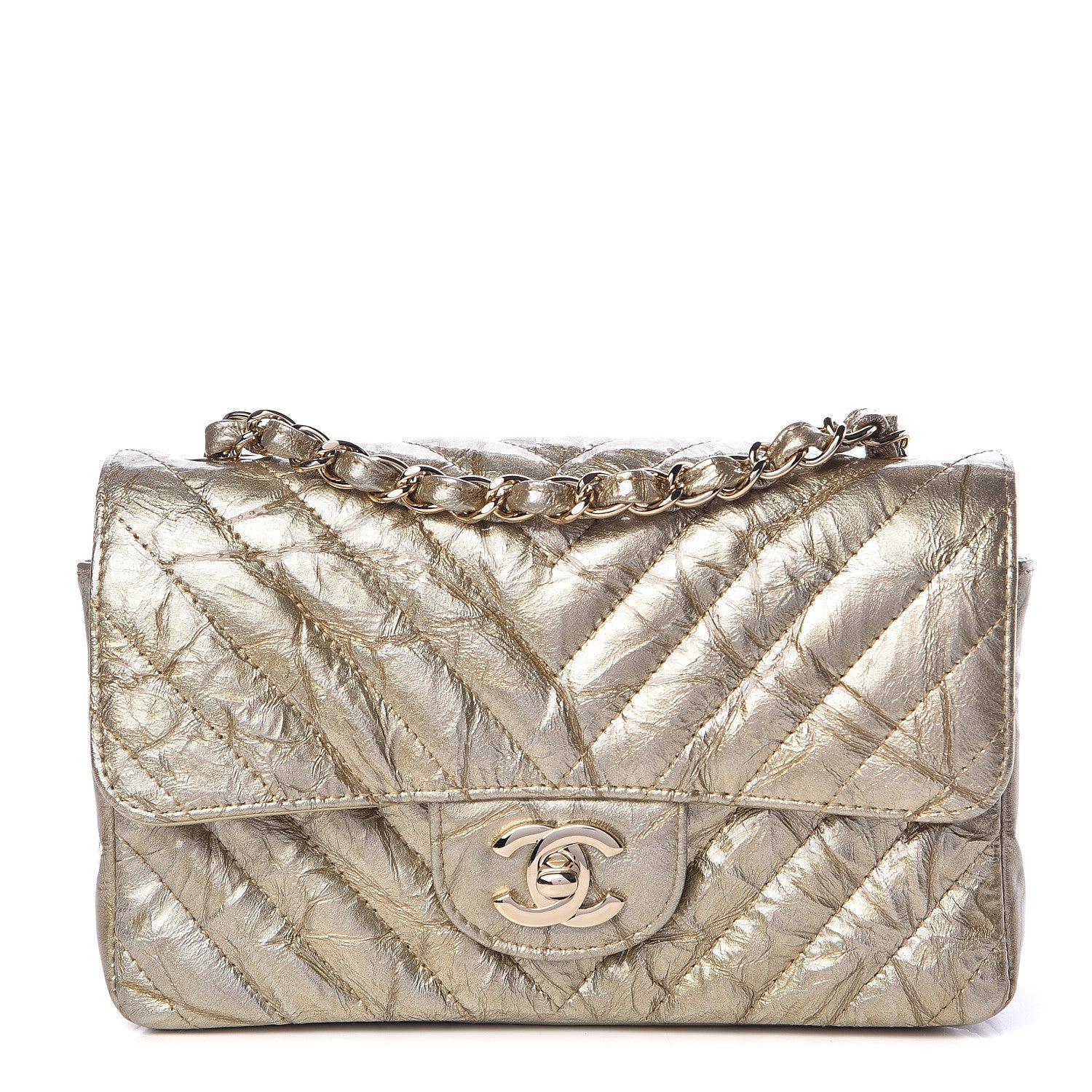 Chanel Patent Metallic Crumpled Calfskin Chevron Quilted Mini Rectangular Flap Gold 1 of 11