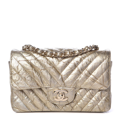 Chanel Patent Metallic Crumpled Calfskin Chevron Quilted Mini Rectangular Flap Gold 1 of 11