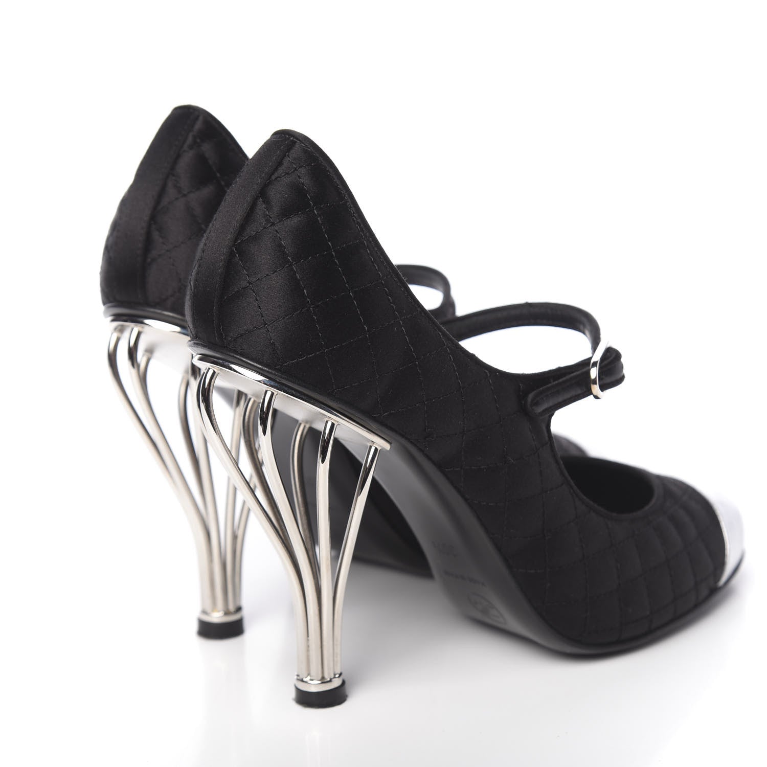 Chanel Satin Quilted Metallic Calfskin Cap Toe Mary Jane Pumps 38.5 Black 4 of 13