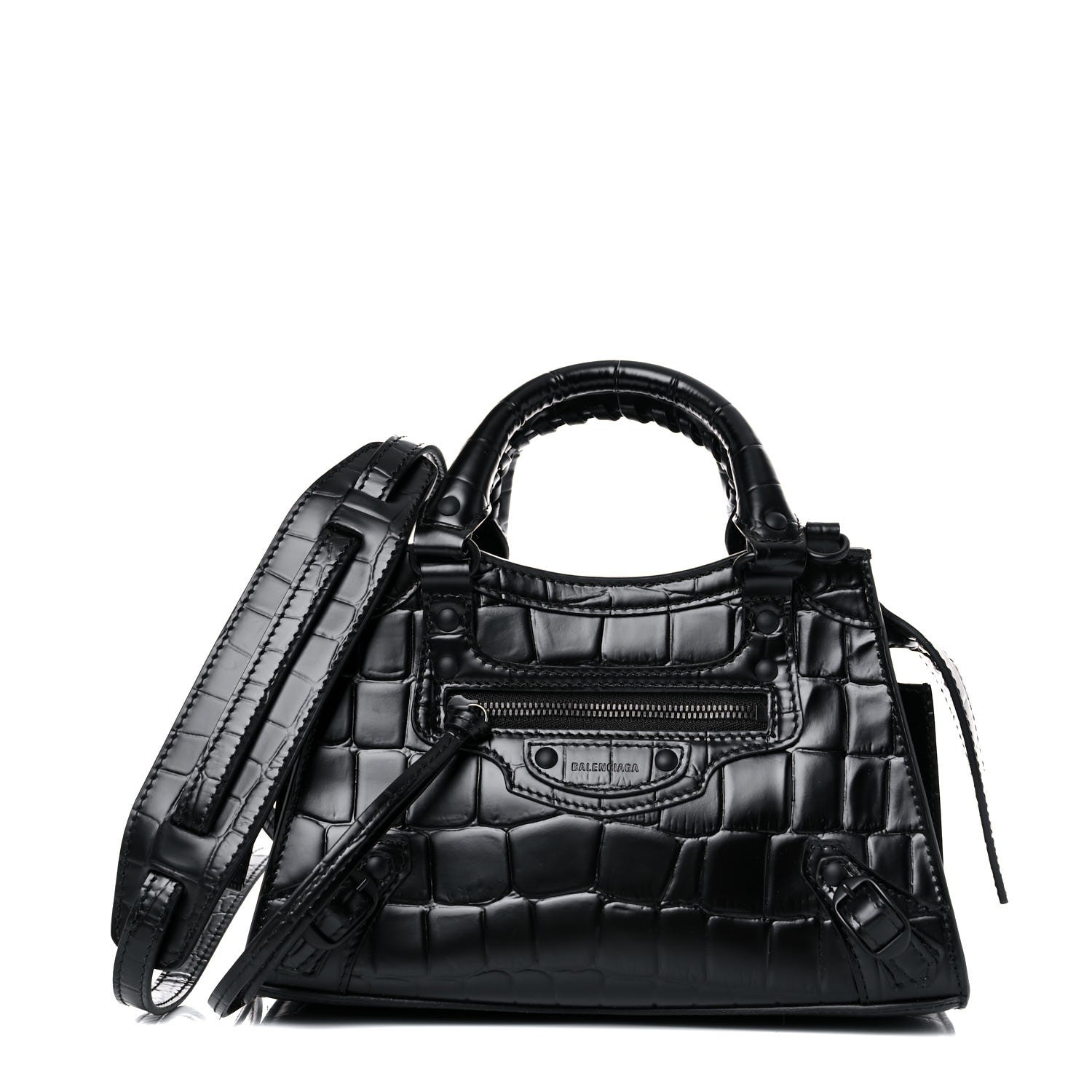 Balenciaga Semi Shiny Calfskin Crocodile Embossed Neo Classic Black Hardware Mini City Black 1 of 12
