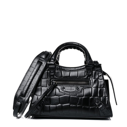 Balenciaga Semi Shiny Calfskin Crocodile Embossed Neo Classic Black Hardware Mini City Black 1 of 12