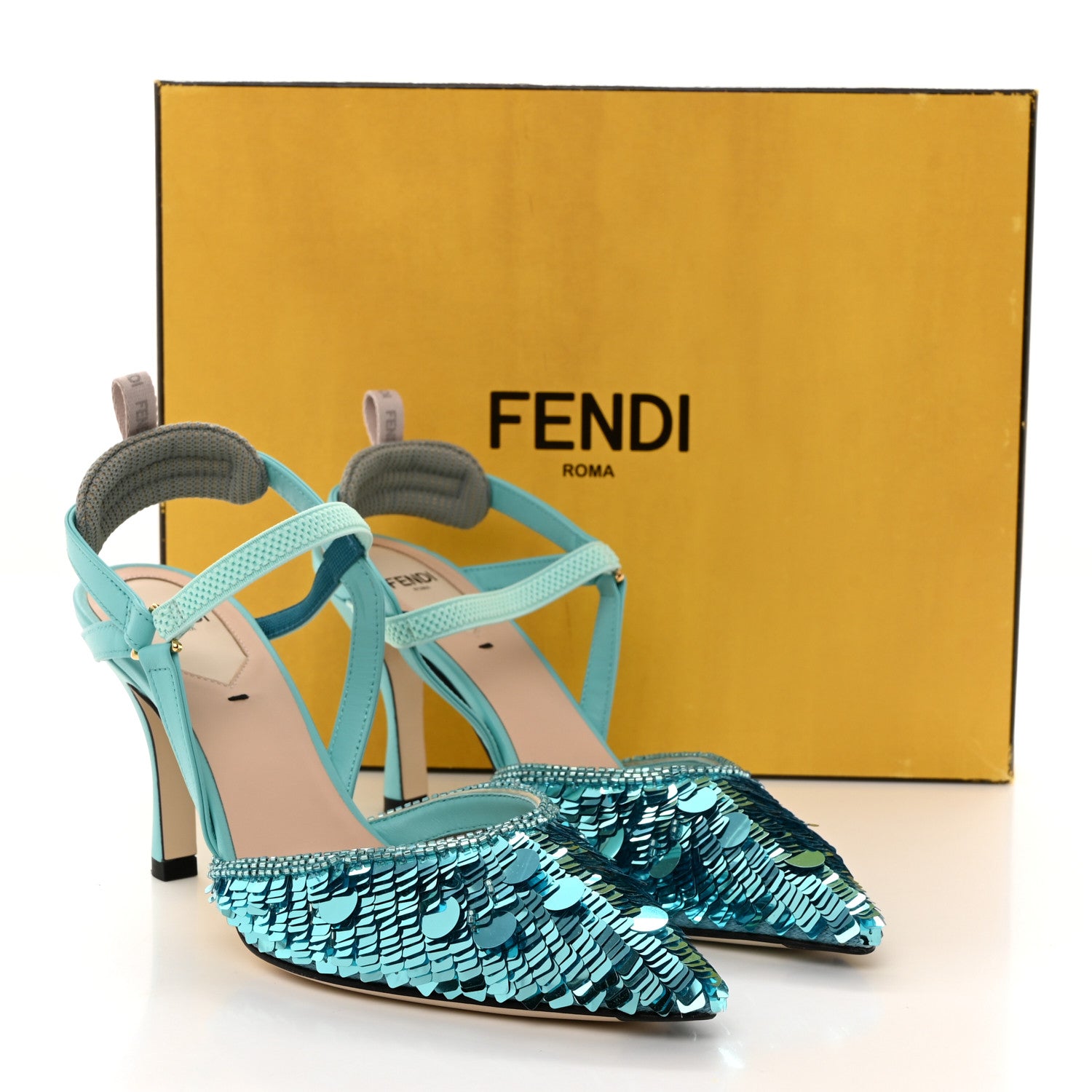 Fendi Organza Sequin Paillettes Colibri Lite 85mm Slingback Pumps 37 Nudo Blue Tiffany Blue 8 of 8