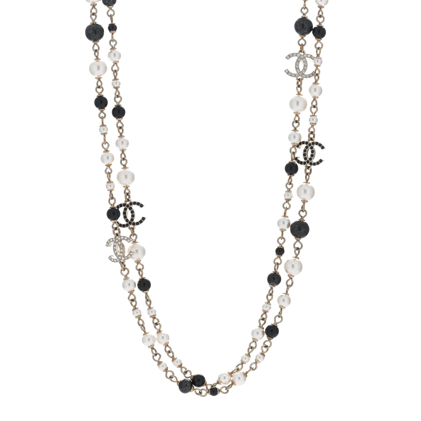Pearl Bead Crystal CC Long Necklace Black Gold