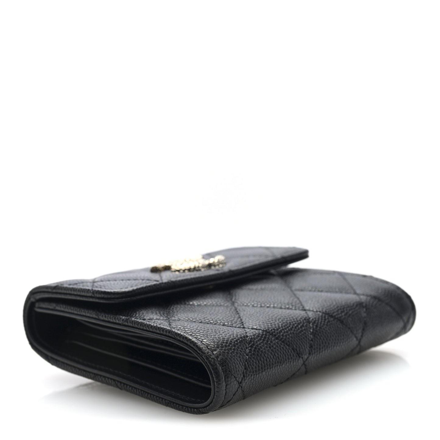 Caviar Quilted Chain Embossed Compact Flap Wallet Black