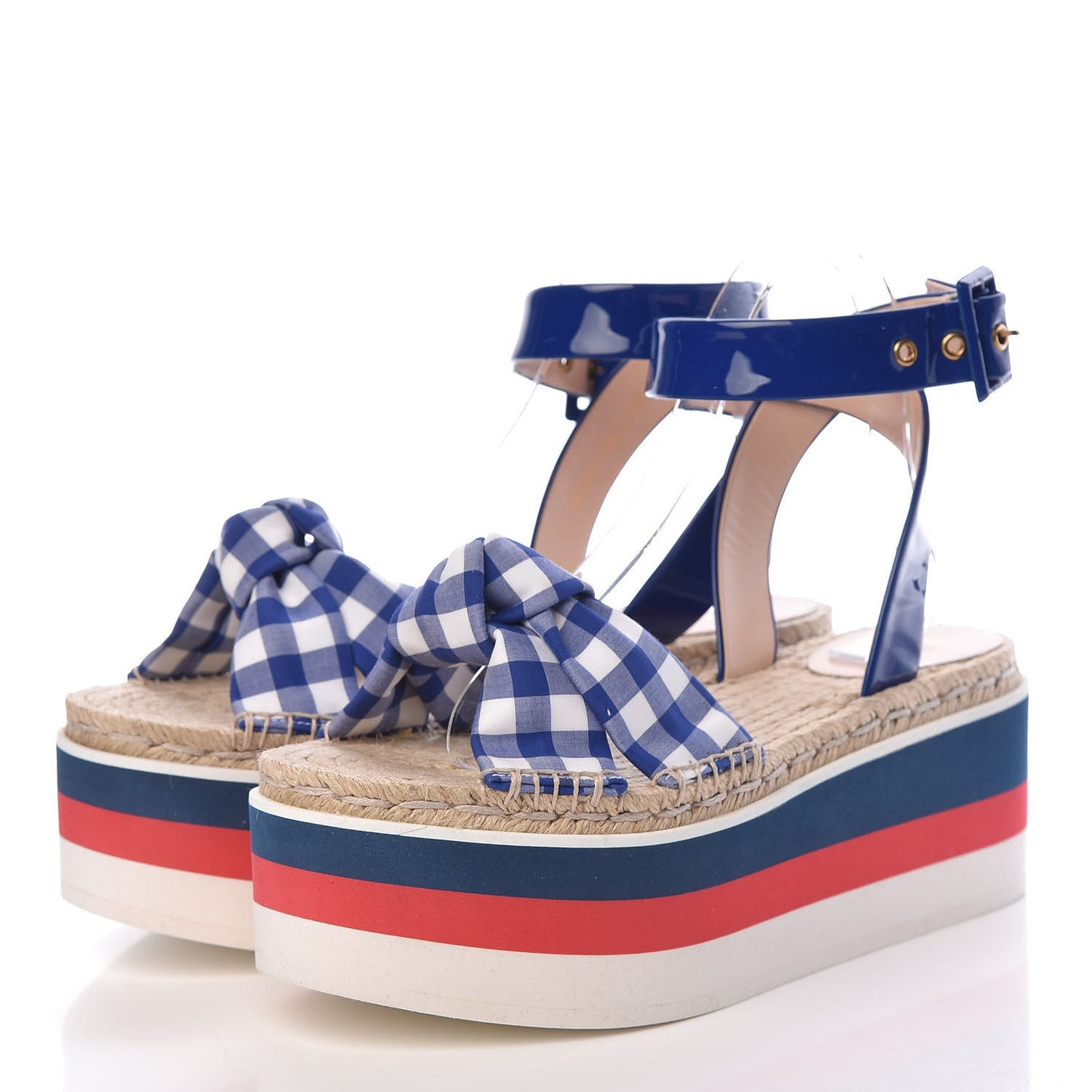 Patent Cotton Gingham Sefir Espadrille Platform Sandals 39.5 Blue White